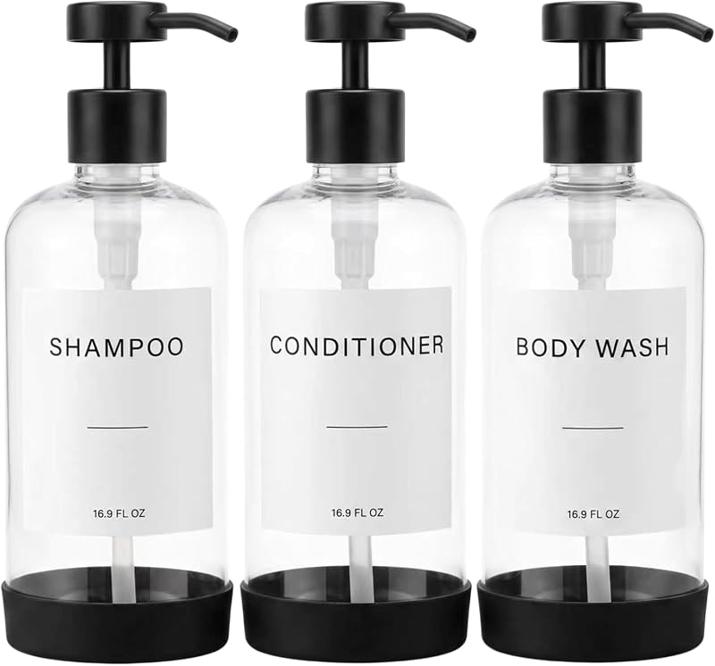 Conjunto de frascos recarregáveis para shampoo e condicionador Prus Waso, transparente e preto, com 3 unidades e etiquetas