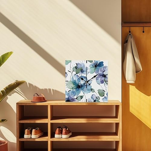 Miniatura 7 de Watercolor Blue Flower Blooming Analog Clock Small Clocks Battery Operated Square Clock Battery Operated Clocks Garage for Kitchen Bathroom Bedroom
