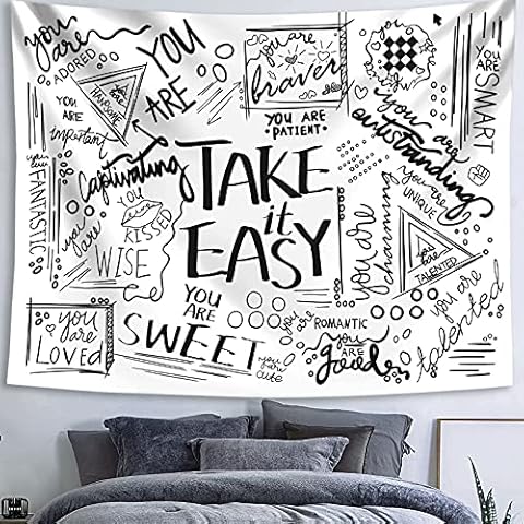 Fowocu Quote Take It Easy Tapestry Wall Hanging, Positive Letters Sayings White You Are Tapestries, Aesthetic Wall Tapestry for Bedroom Dorm Living Room (Black and White, 50'' × 60'') Cover