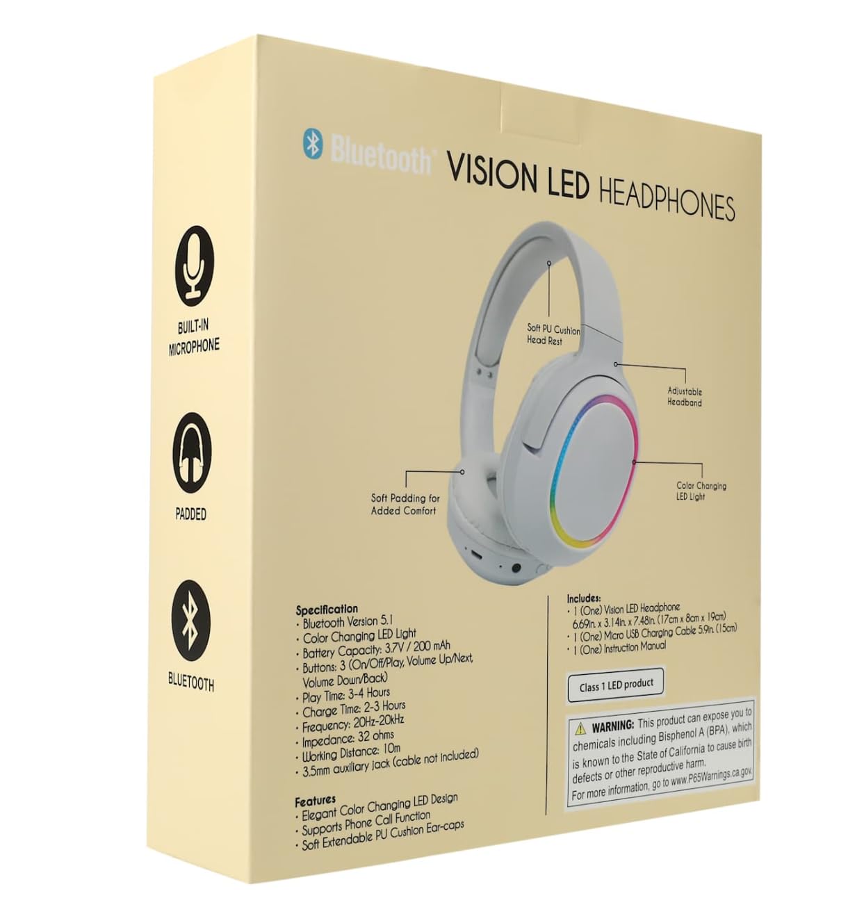 Bluetooth Vision LED Headphones, White Over-Ear, Plastic, Gaming Headset with Detachable Cable, Touch Control, 33ft Range, Dynamic Driver, Passive Noise Cancellation 4