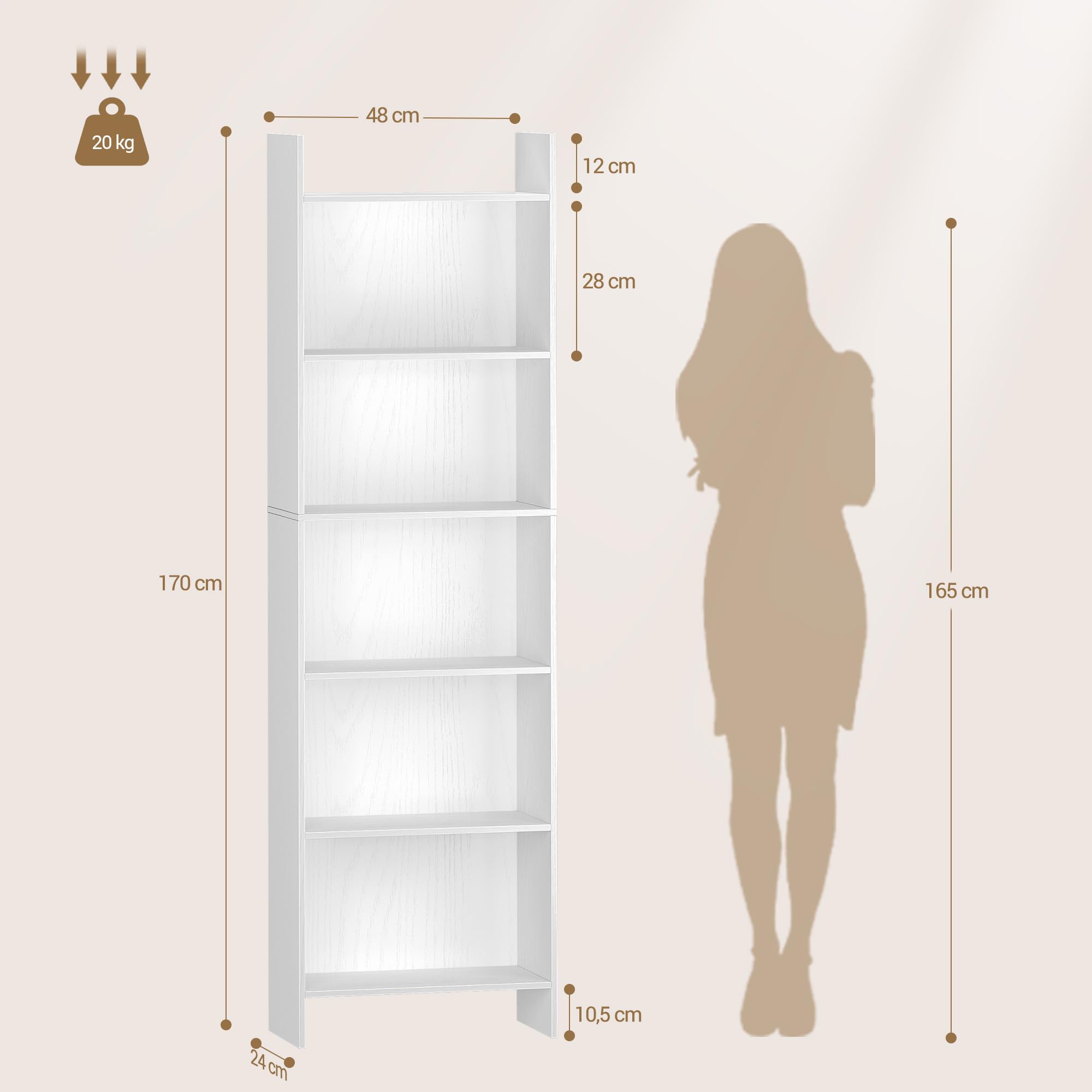 Hzuaneri Bücherregal, Regal, Standregal, Büroregal, mit 6 Fächern, offen, für Wohnzimmer, Arbeitszimmer, Büro, als Raumteiler, 24 x 48 x 170 cm, Weiß 01103XBC