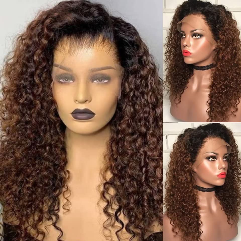 Afro Kinky Curly Human Hair Wigs Women Brown Lace Front Wig 13X4 Human Hair Wigs Ombre Blonde Curly Wig Pre Plucked With Baby Hair Bleached Knots HD Transparent Lace Colored Wig 22"