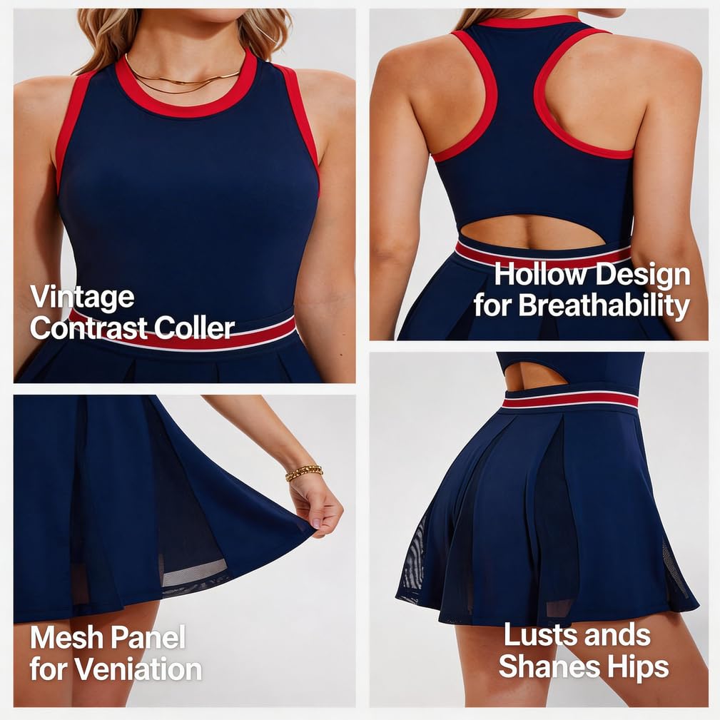 Damen Tennis Kleid mit Integrierter Shorts und BH, Ärmelloses Sportkleid,Atmungsaktiv Schnell Trocknend,Golf Kleid Fitness Workout Sommer Kleid mit Faltenrock