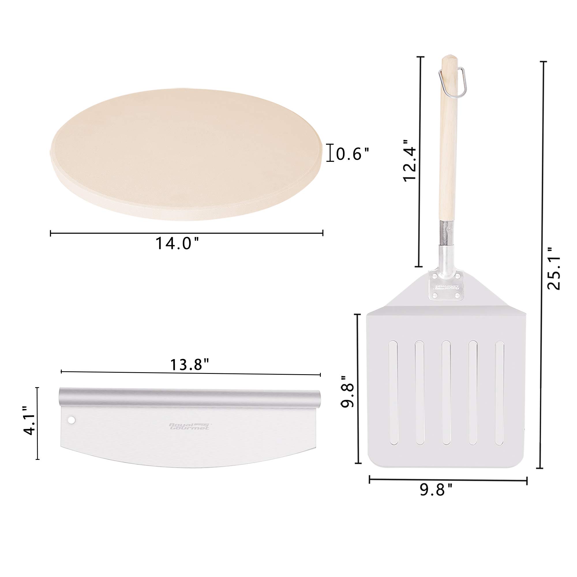 Royal Gourmet KSF1406 3-Piece Pizza Set for Grill, BBQ and Oven with 14-Inch Round Pizza Baking Stone, Peel/Shovel and Cutter, Baking Tools, Multi