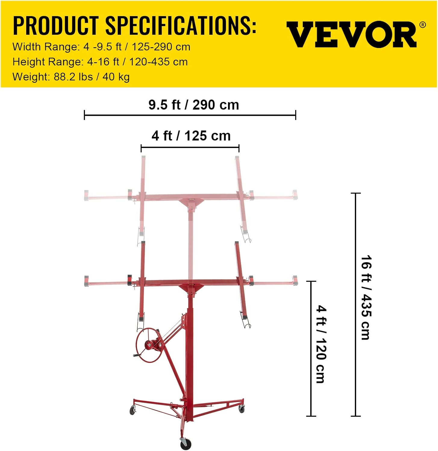 VEVOR Drywall Rolling Lifter Panel, 16ft Sheetrock Lift Drywall Lift, 150lb Weight Capacity Panel Hoist Jack Tool, Steel Material w/Telescopic Arm & 3 Lockable Wheels, 48x192 in Plasterboard Size - - 