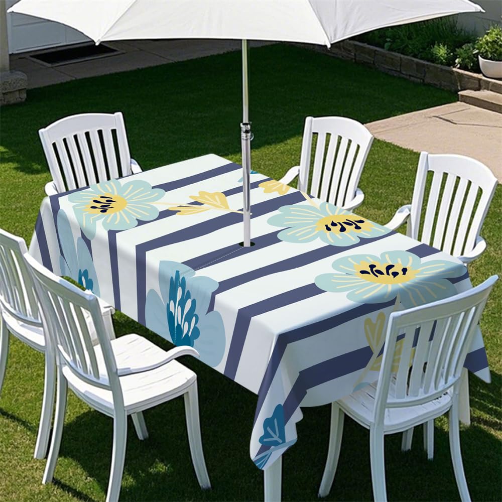 Odot 3D Vertical Stripes Tablecloths Rectangular Waterproof with Umbrella Parasol Hole and Zipper, Table Cover Wipe Clean Garden Outdoor Table Cloth for Garden Party (Blue,213x152cm)
