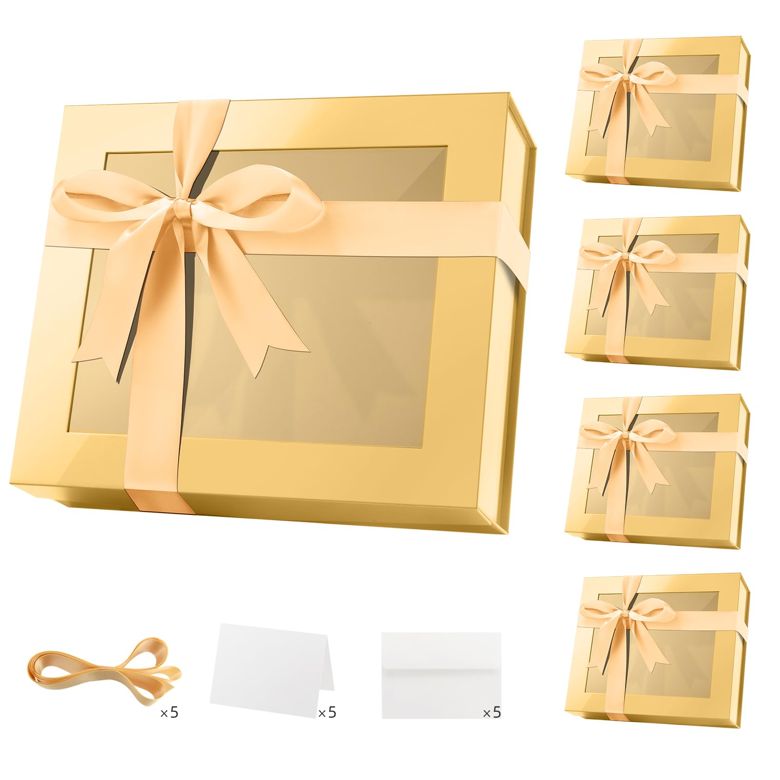 PACKQUEEN 5 Extra Large Gold Gift Boxes with Windows, 16.3x14.2x5 Inches Clear Gift Boxes for Presents Contain Ribbons, Cards, Bridesmaid Proposal