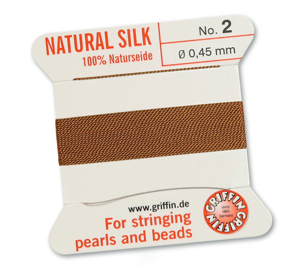 GRIFFIN 100% Natural Silk Beading Cord String Thread - Carnelian Orange Brown - 2 metres with one needle - Size 0.45mm