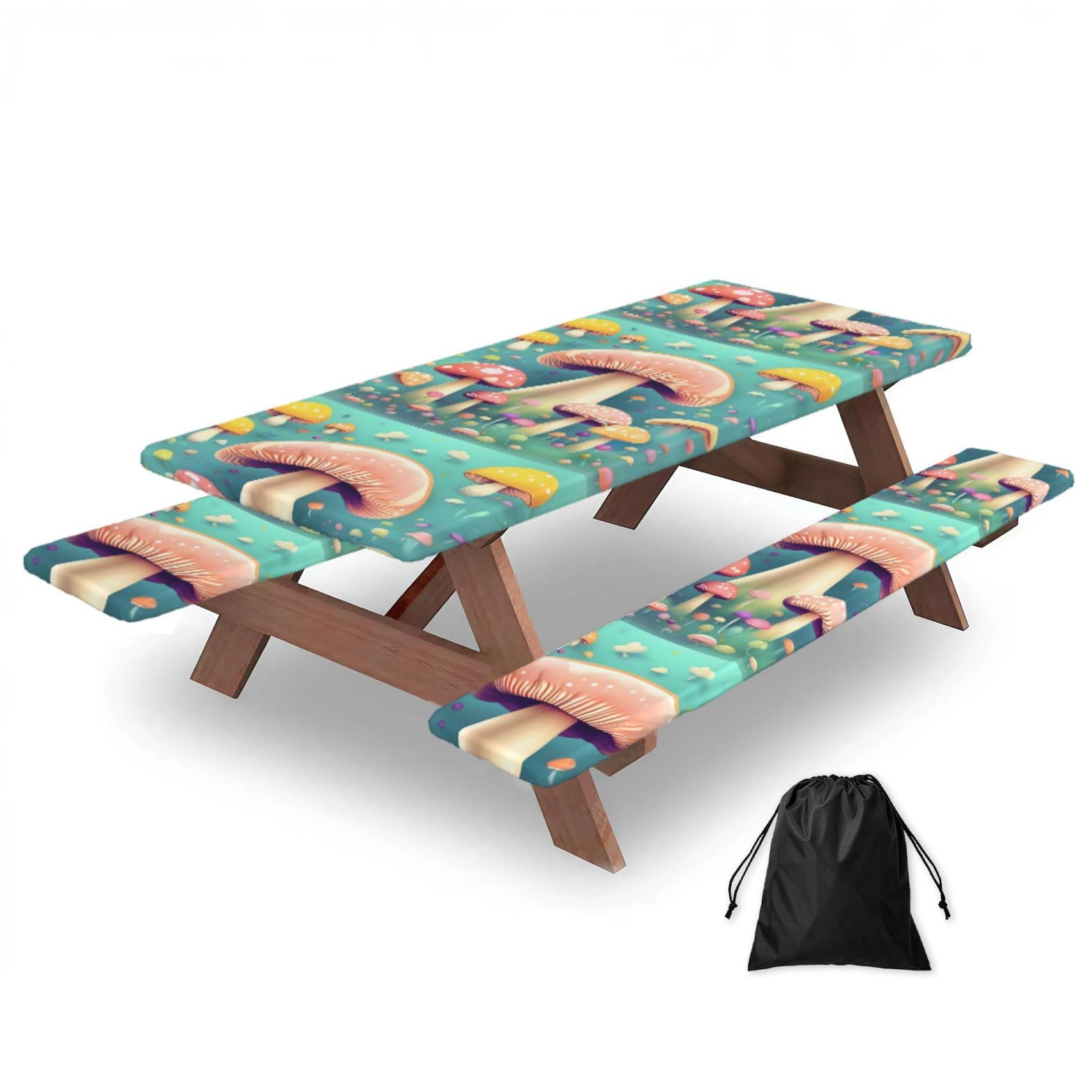 Hhbiuuo Black 72In Camping Table Cover & Bench Covers 3-Pack Set, Pretty Little Mushrooms Print Tablecloths, For Rectangle Tables Picnic