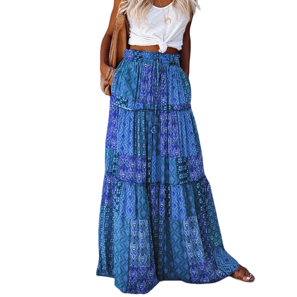 Gonna Donna, Gonne Lunghe con Stampa Floreale Boho Donna Elastiche in Vita Plissettate Fluide Linea Ad A Casual Estive Basiche Spiaggia Abiti Lunghi per Foto Quotidiane delle Vacanze