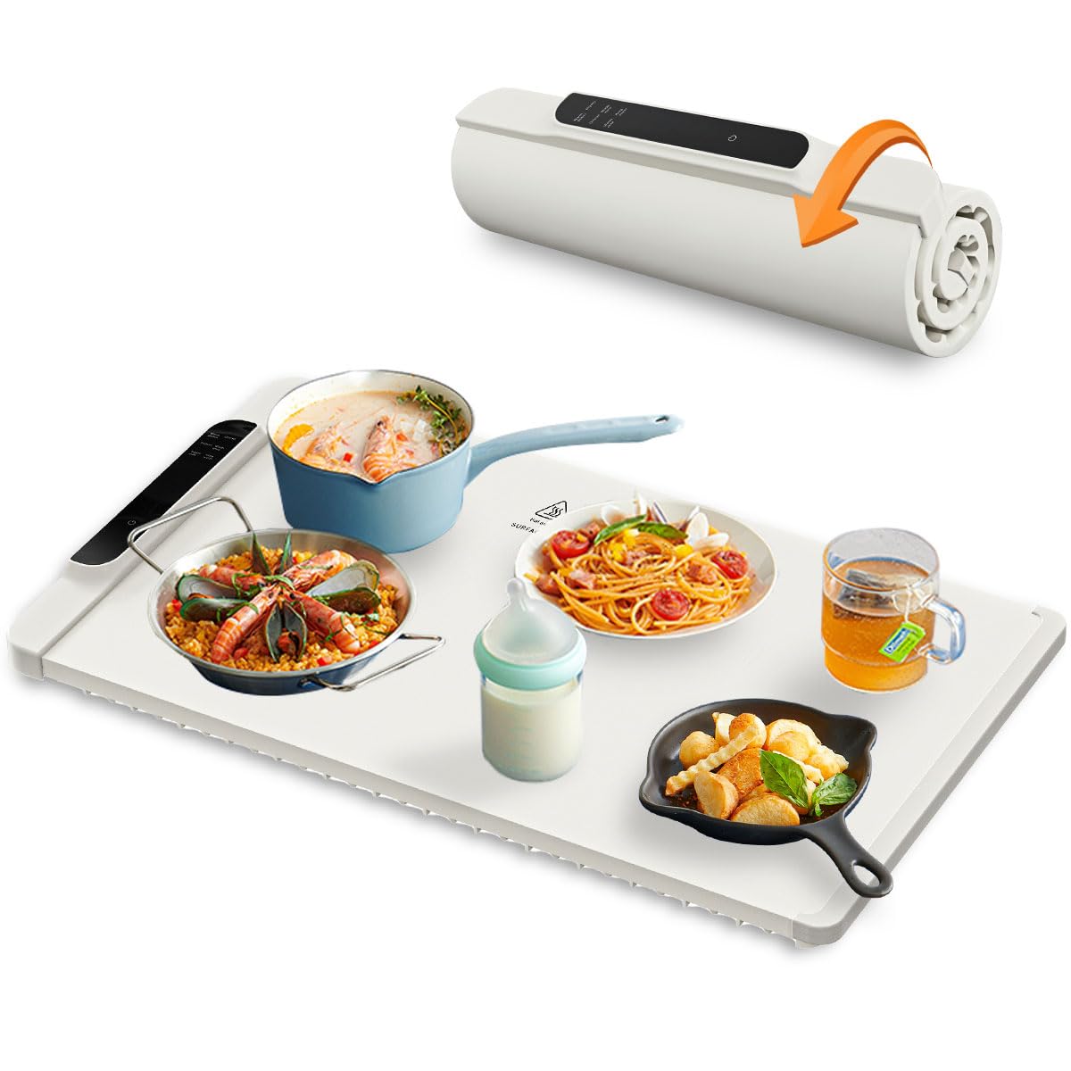 GQEOQ Food Warming Mat with Accurate Temperature Screen Fast Heating Silicone Electric Warming Tray, Raised Feet Protects Table, Roll Up Buffet Hot Plates Heat Pad, Portable Food Warmer (Cream White)