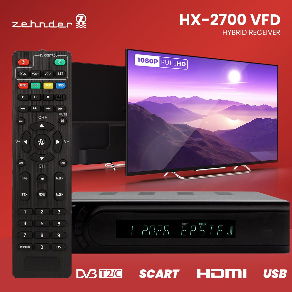 [ Test SEHR GUT, Note 1.1 *] Zehnder HD 2700 VFD HYBRID DVBC Kabel-Receiver & DVBT2 Receiver mit Aufnahmefunktion, DVB-C Reciver & Reciever für DVB-T, DVBT & DVB-T2, Kabelreceiver & DVB T Receiver