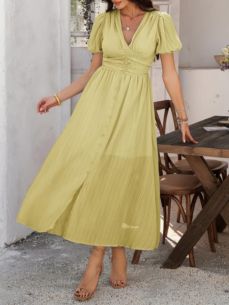 Image of Women Summer Casual Midi Dress Puff Sleeve V Neck Ruched Button Front Split Boho Beach Vacation Wedding Dresses 2026