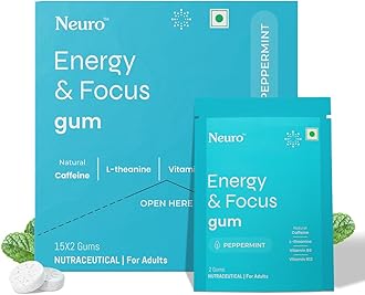 Neuro Energy & Focus Gum - Peppermint | Quick Energy Boost & Enhanced Focus | Natural Caffeine + 60 mg L-Theanine + Vitamin B6 & B12 | No Added Sugar | Aspartame Free | 60 Gums