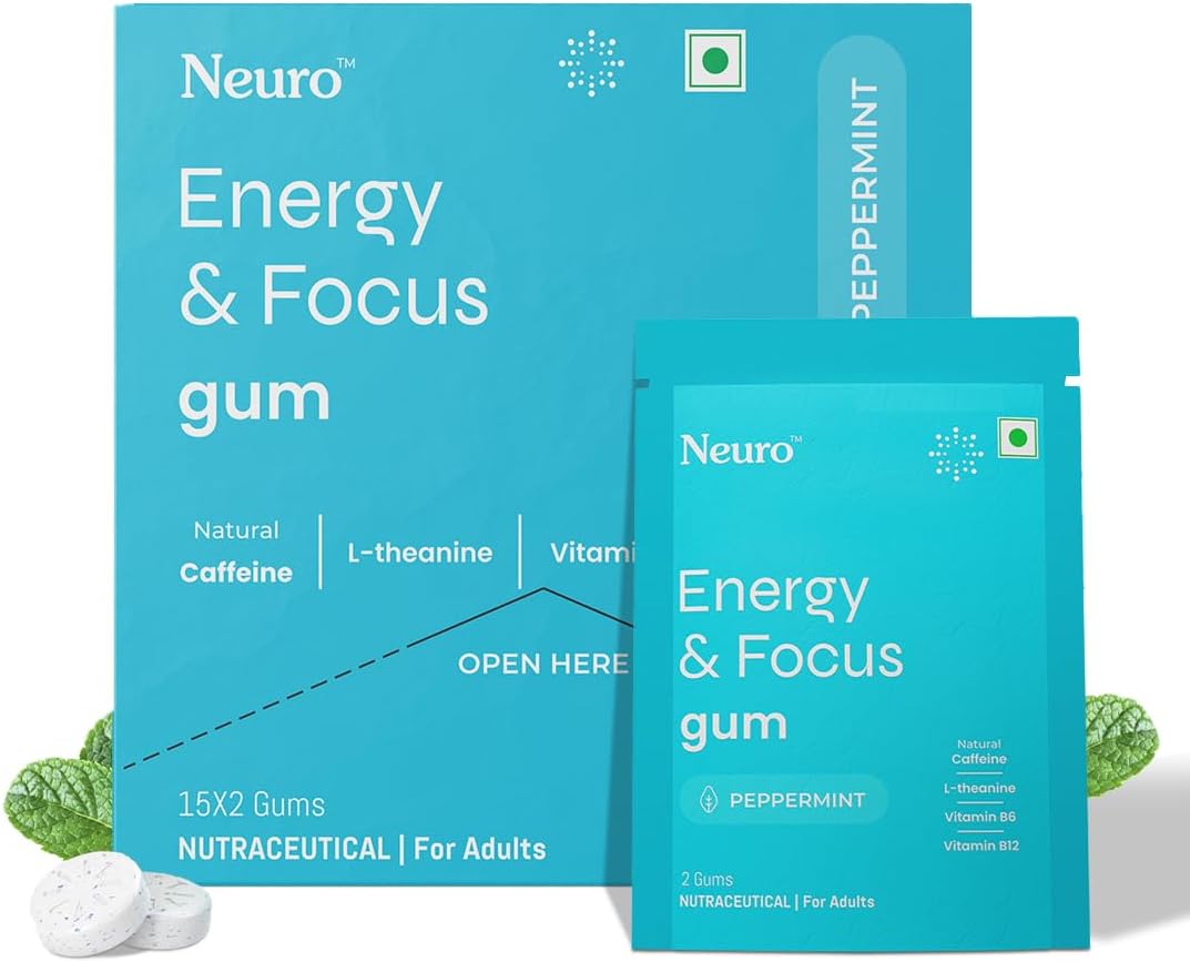 Neuro Energy & Focus Gum - Peppermint | Quick Energy Boost & Enhanced Focus | Natural Caffeine + 60 mg L-Theanine + Vitamin B6 & B12 | No Added Sugar | Aspartame Free | 60 Gums