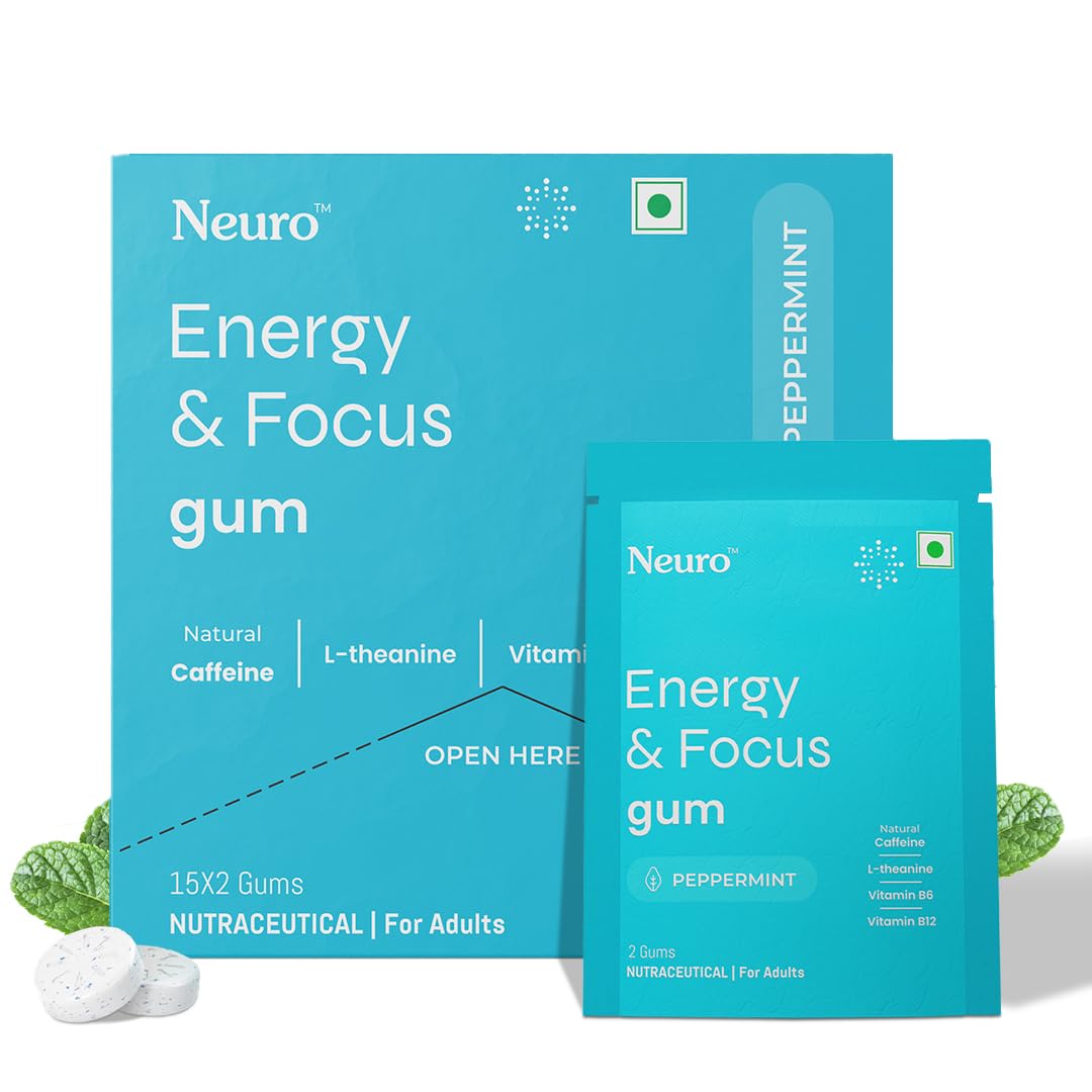 NeuroGum Energy Caffeine Gums (15x2 Sachets) - Sugar Free with L-theanine + Natural Caffeine + Vitamin B12 & B6 - Energy & Focus Supplement for Women & Men - Peppermint Flavor | Pack of 2 (60 Gums)