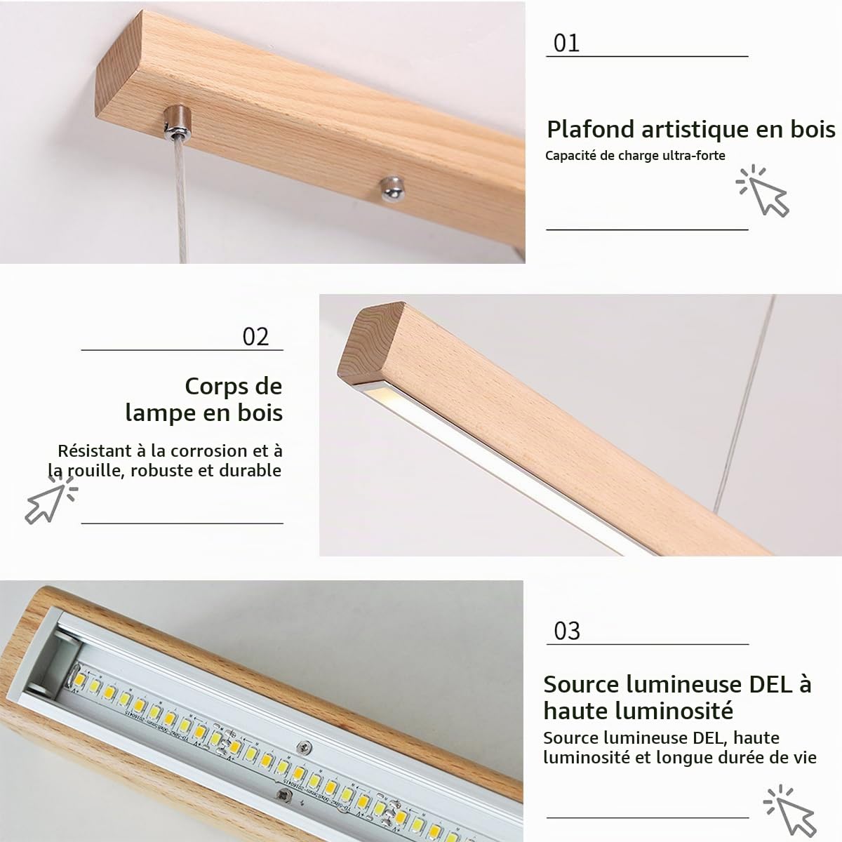 Lampe à Suspension Linéaire LED en Bois - Moderne, Dimmable pour Salle à Manger et Cuisine - Hauteur Réglable avec Télécommande (L80cm)