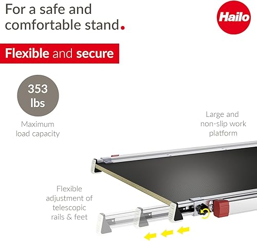Miniatura 6 de Hailo TP2 Plus  Plataforma de trabajo y escalera  Rieles telescópicos y pies ajustables en longitud y altura  Nivel de burbuja integrado  para uso