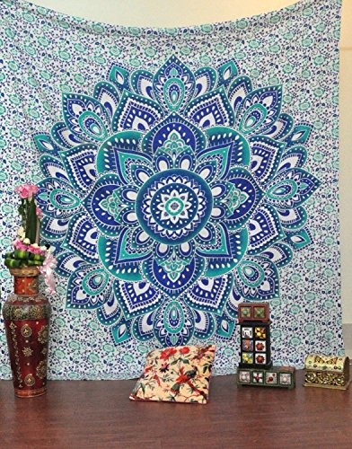 Bless International Indian Bohemian Psychedelic Floral Ombre Queen-Size-Large-Mandala Tapestry-hippie-84x90 (Blue Green)