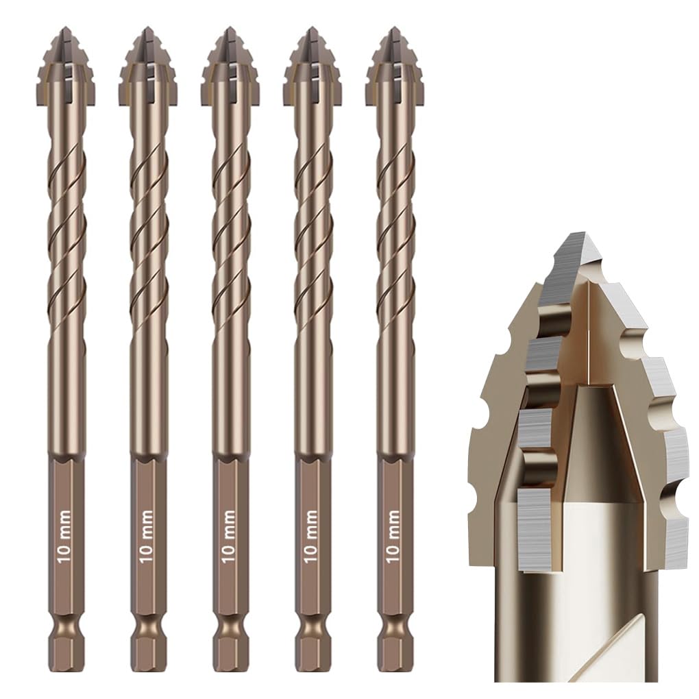 5Pcs Serrated Masonry Drill Bit Set (5/8"-16mm) – Titanium Coated High-Speed Steel, Eccentric Flute Design for Dry Drilling Concrete, Tile, Glass, Brick & Metal – Industrial & Household Use