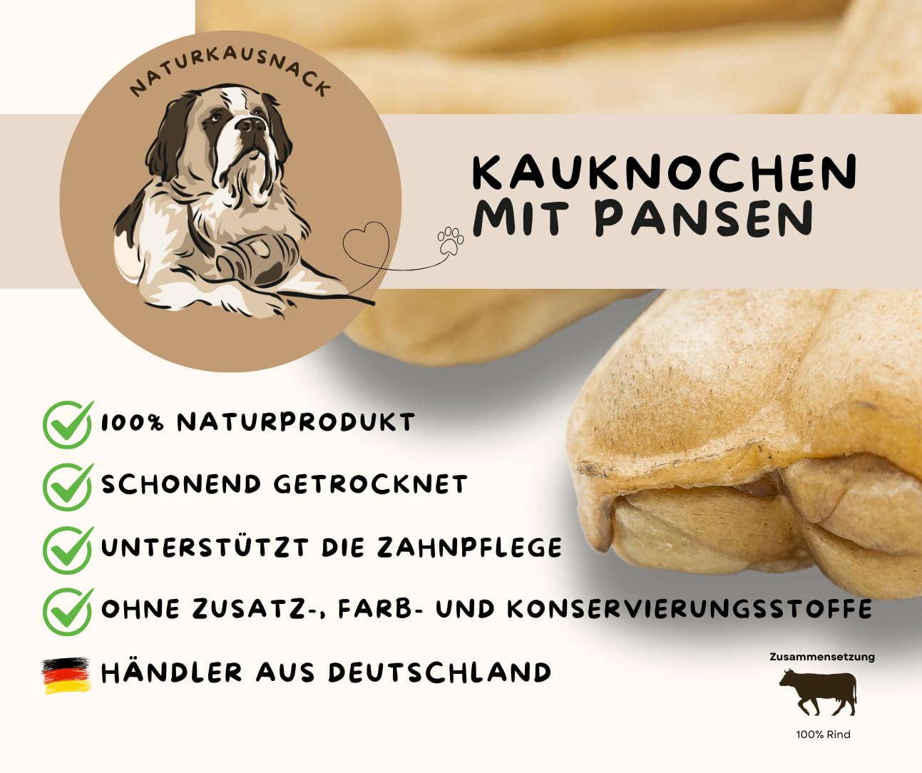 Warnick's Hundesnack Kauknochen mit Pansen 15 cm - 50 Stück | Gepresste Rinderhaut mit Pansenfüllung - Kausnack für Hunde als Leckerli & zur Zahnpflege - Naturbelassen