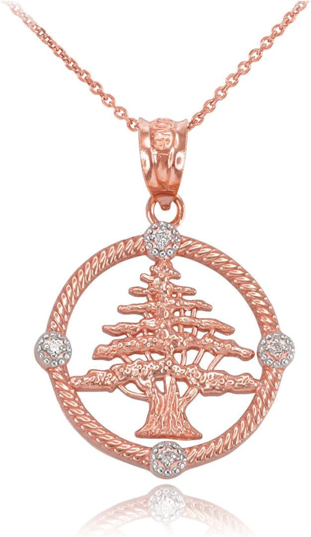 Lebanese Jewelry14K Rose Gold Cedar Tree of Lebanon Diamond Pendant Necklace