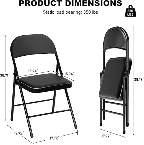 Miniatura 3 de 6 Pack Black Folding Chairs with Padded Cushion for Outside, Portable Stackable Commercial Metal Foldable Chairs with Steel Frame for Party Home