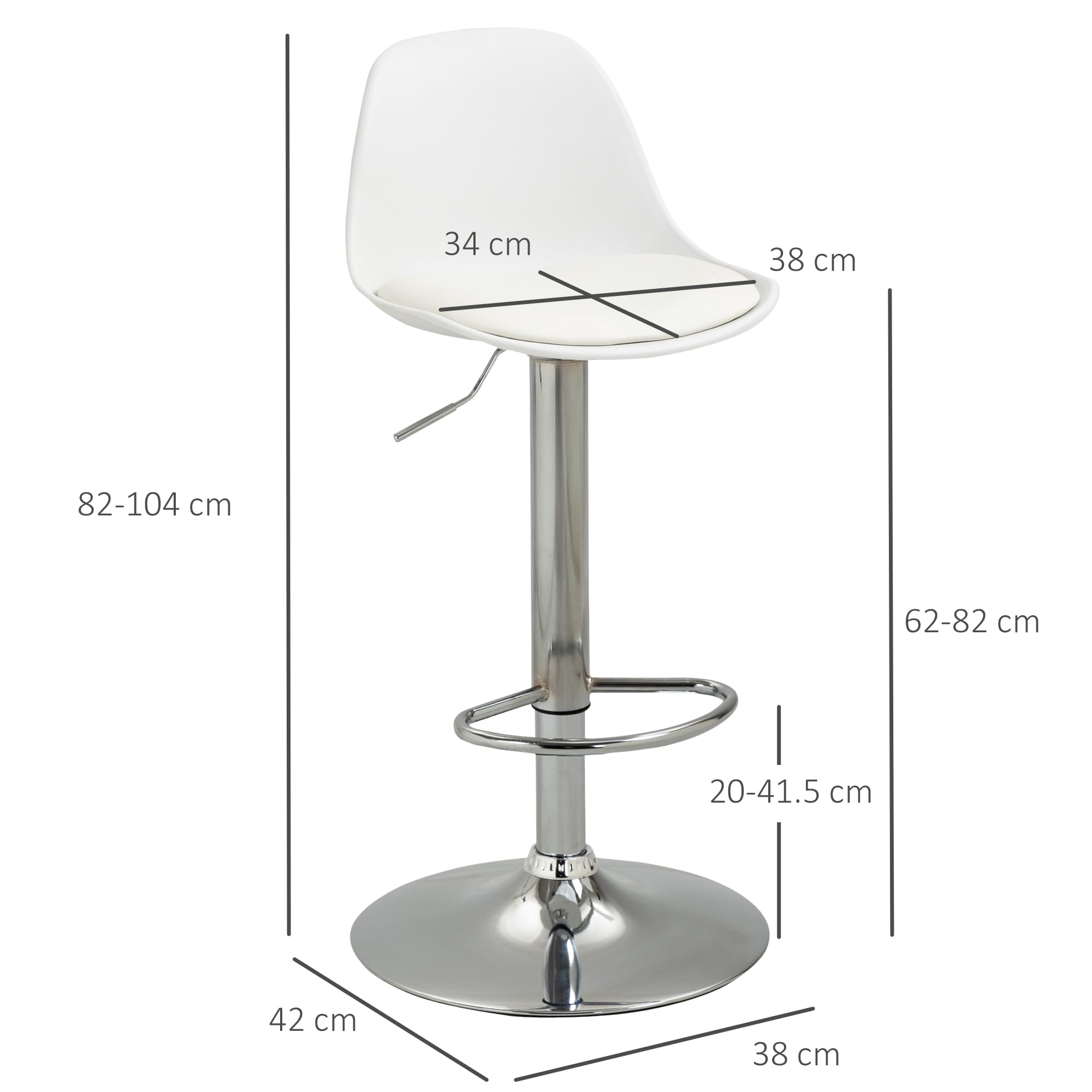 HOMCOM Set 2 Sgabelli Bar con Altezza Regolabile con Schienale Bianco | Sedie Bar Alte in PU, con Schienale, Poggiapiedi e Seduta Morbida, Struttura in Acciaio, Girevoli a 360°, per Penisola