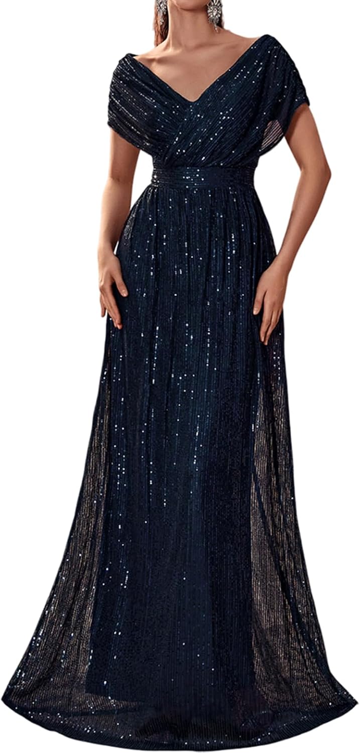 Women's Sequin V-Neck Short Sleeve A-Line Evening Dress Elegant Evening Dresses Party Gowns