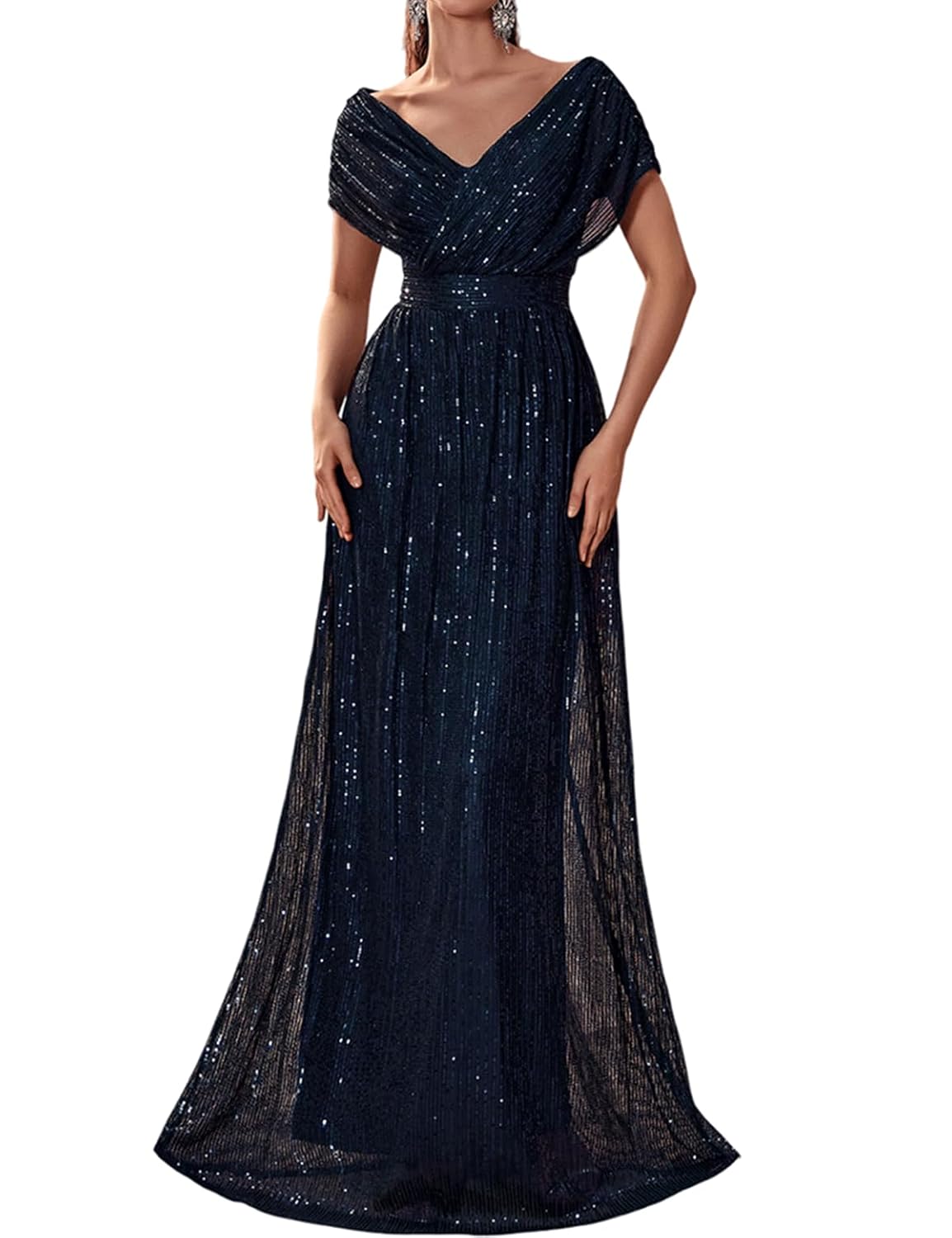 Womens Sequin V-Neck Short Sleeve A-Line Evening Dress Elegant Evening Dresses Party Gowns