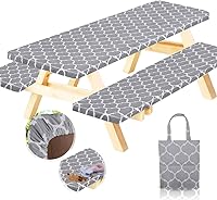 Vista 23 de RNOONY Mantel de vinilo ajustable para mesa de picnic con fundas de banco y bolsa, mantel de picnic impermeable para exteriores de 6 pies con bordes