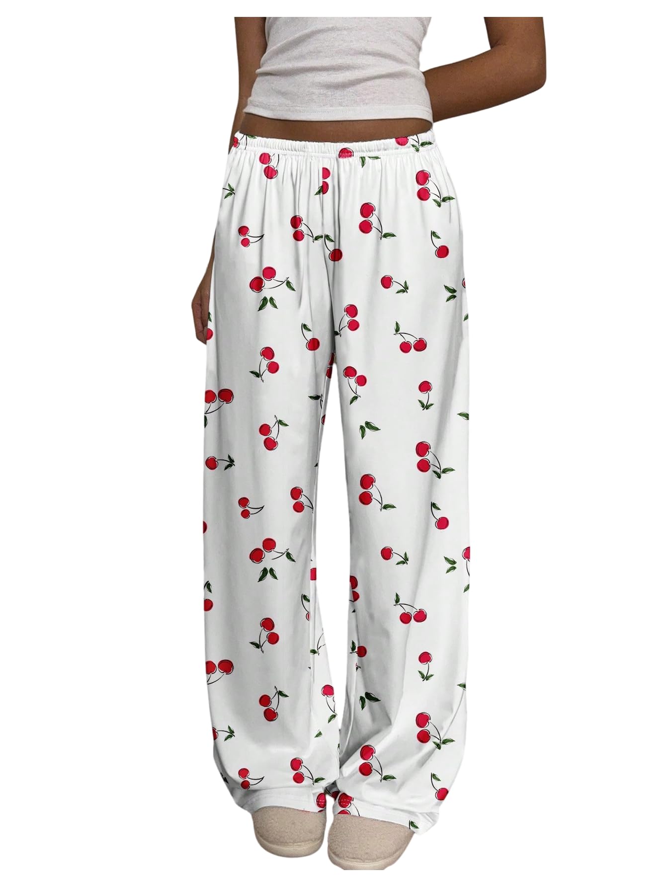 WDIRARA Womens Cherry Print Straight Leg Baggy Lounge Pants Y2K Low Rise Elastic Waist Trousers
