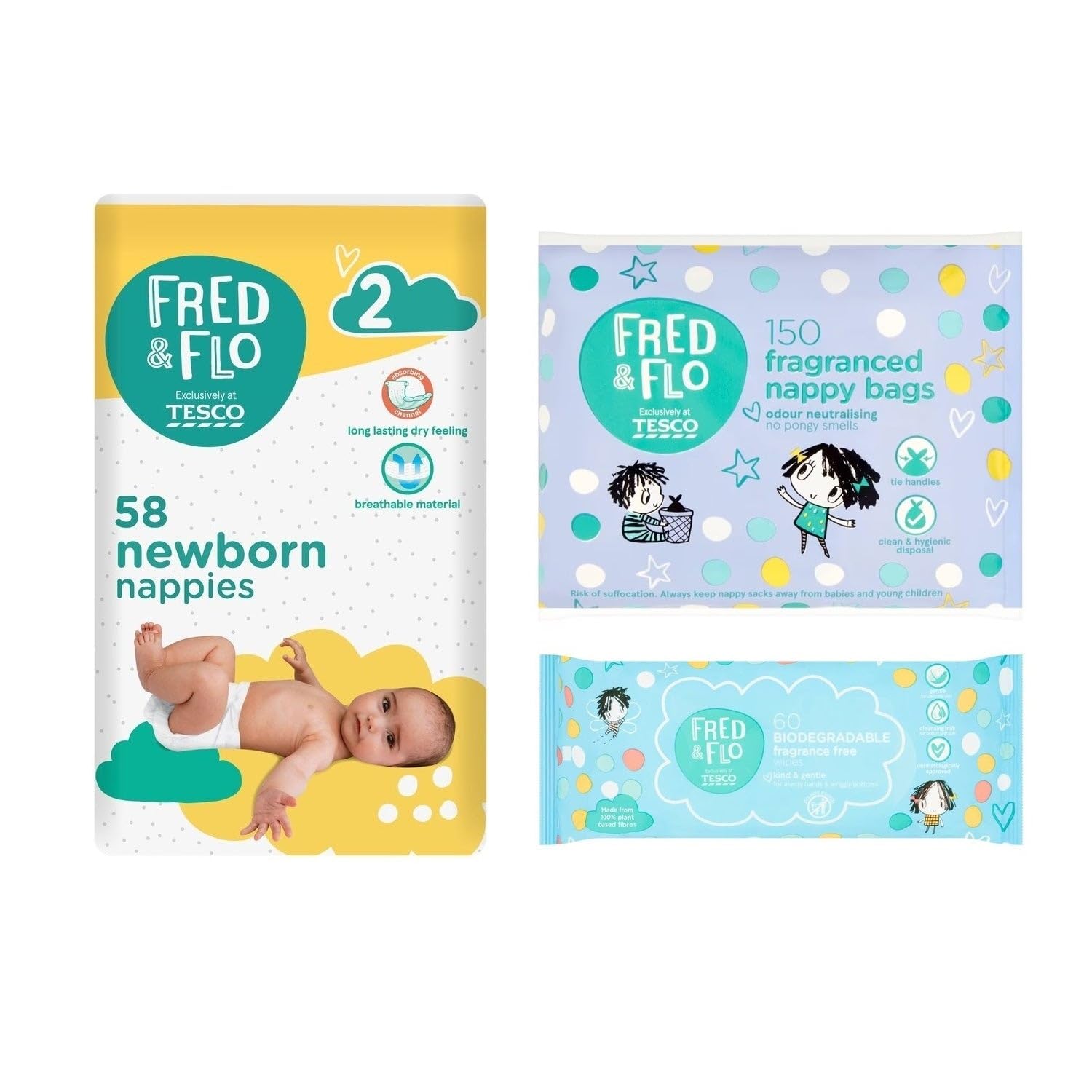 Fred & Flo Size 2 Nappies 58 Pack Bundle with Nappy Bags & Fragrance Free Wipes
