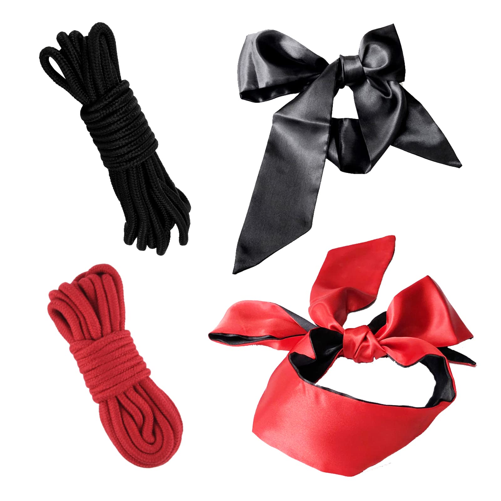 4 set Soft Cotton Rope Binding Ropes 5m Length 8mm Thick Multipurpose Durable Long Rope 2pcs (BLACK/RED) +2 pcs Silk Satin Blindfold Eye mask for Sleeping Games