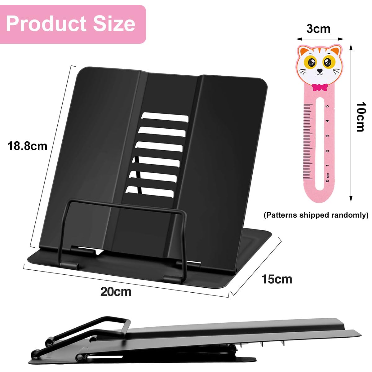 Support de Lecture Réglable en Métal, Antidérapant et Pliable - Porte-Livre de Cuisine Avec 5 Signets Pour Enfants (Noir