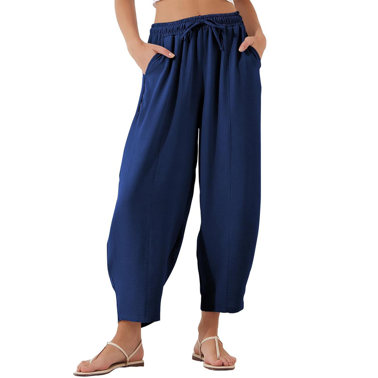 Wide Leg Pants for Women Summer Casual Linen Pants Elastic Waist Drawstring Trousers with Pockets
