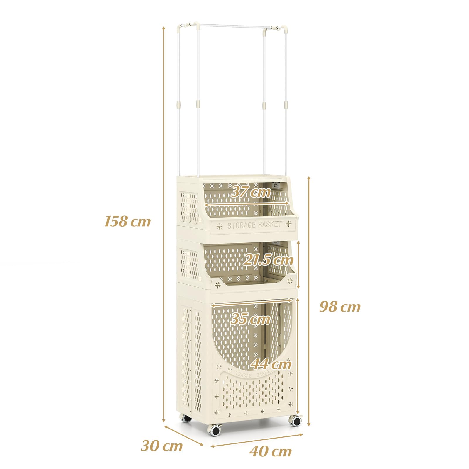 GOPLUS 2 en 1 Cesto para Ropa Sucia con Perchero, Cesta de Colada Inclinable y Extraíble con Ganchos y Compartimento Abierto, Mueble de Lavandería Plegable con Ruedas para Baño (21L+21L+40L)