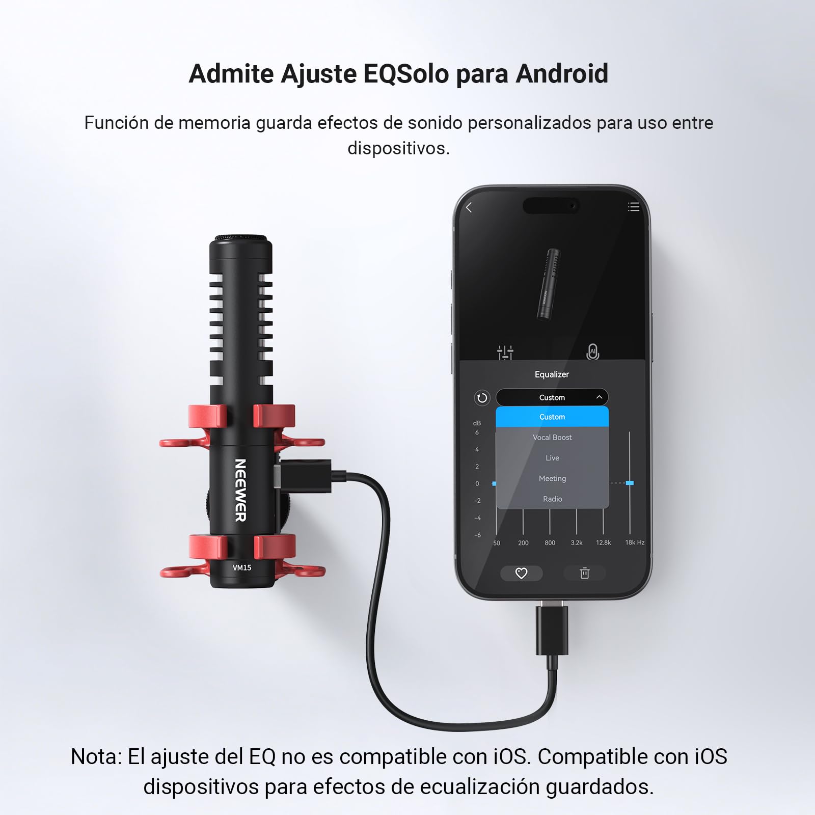 NEEWER VM15 AI Cancelación Ruido Mini Micrófono Supercardioide con App Ajustes Audio EQ,48kHz/24bits 3.5mm Analog Digital USB-C,Compatible con iPhone Android Ordenadores Cámaras,EQ Solo para Android