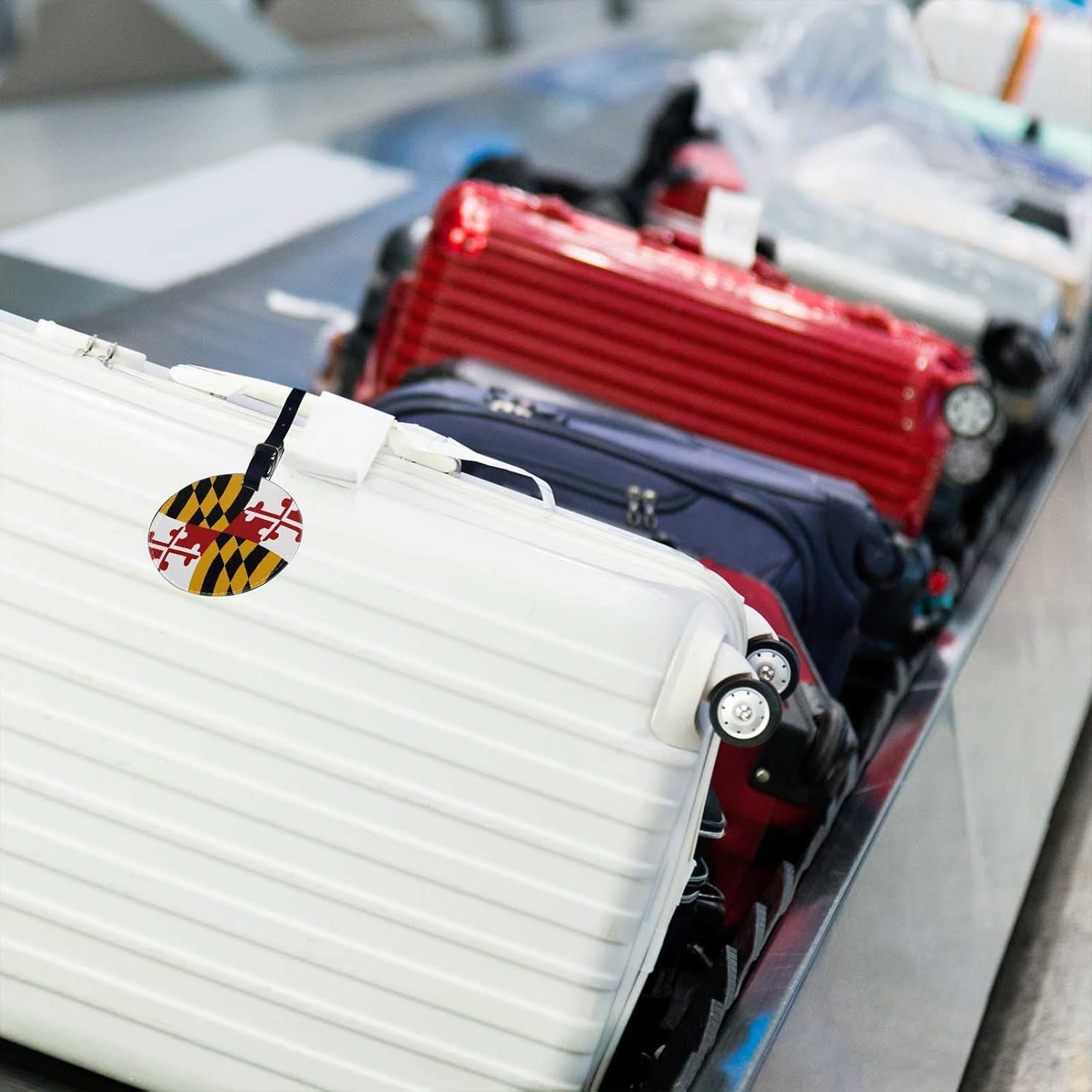 TKS MITLAN 1 Pack Maryland State Flag PU Leather Travel Cruise Luggage Tag State Banner Patriotic Baggage Bag Backpack Instrument with Privacy Flap Name ID Label for Women Men Girls Suitcase(Round)