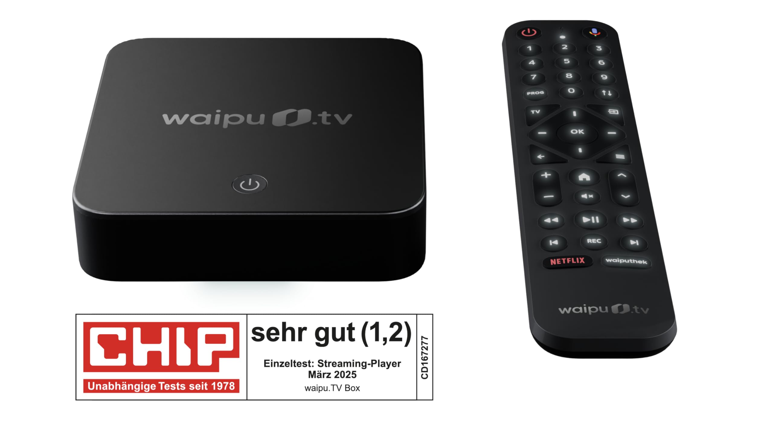 waipu.tv Box 4K HDR10+ Dolby Vision Dolby Atmos Fernbedienung mit Beleuchtung Fernsehen über WLAN LAN HDMI