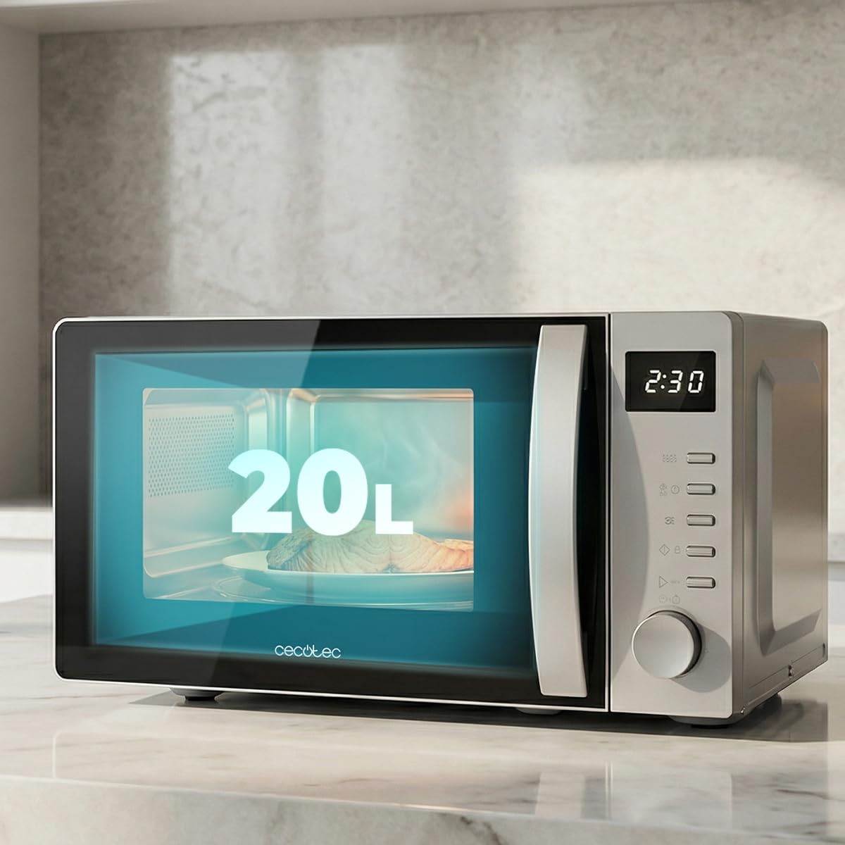 Cecotec Micro-ondes avec Grill 20L Proclean 5105 Silver 700W | Technologie 3DWave, 5 Niveaux, Minuterie 30Min, Décongélation, Écran avec Horloge, Gratins Parfaits, Avertissement Acoustique