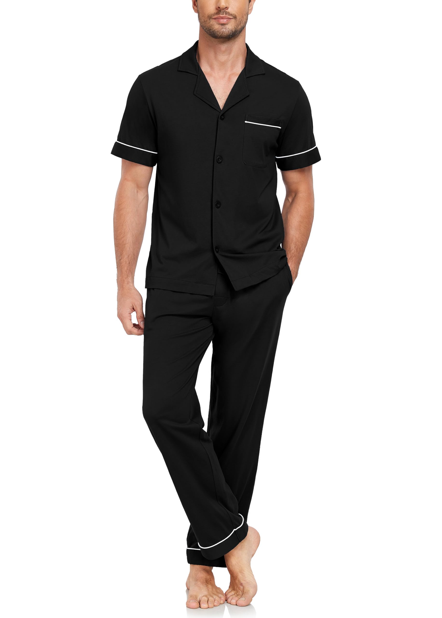 EA'S SECRET Mens 100% Cotton Pajamas Set Short Sleeve Loungewear with Long Pants Button Down Sleepwear Soft Comfy Pjs