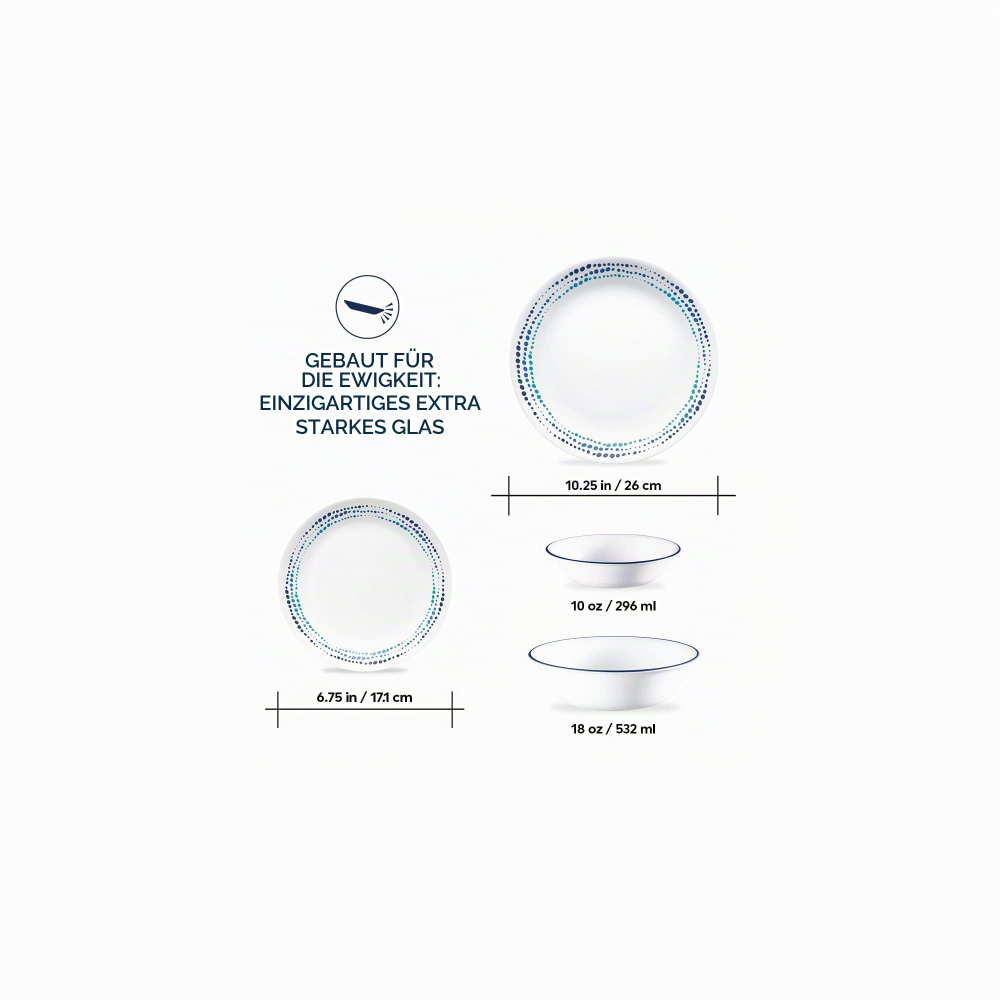 Corelle Ocean Blues 16-teilig, Service für 4, Geschirr-Set, 8 Teller, 8 Schüsseln, splitter- und bruchfest, Speiseteller und Speiseteller, Corelleware Teller, Weiß