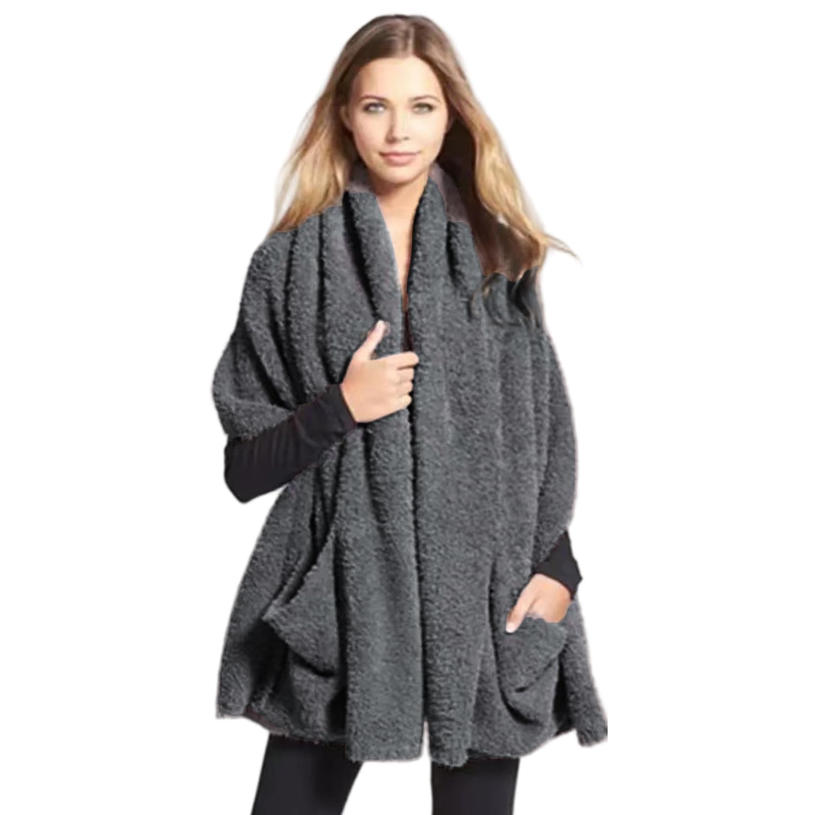 Couverture portable en peluche chaude et douce avec poches de rangement pratiques
