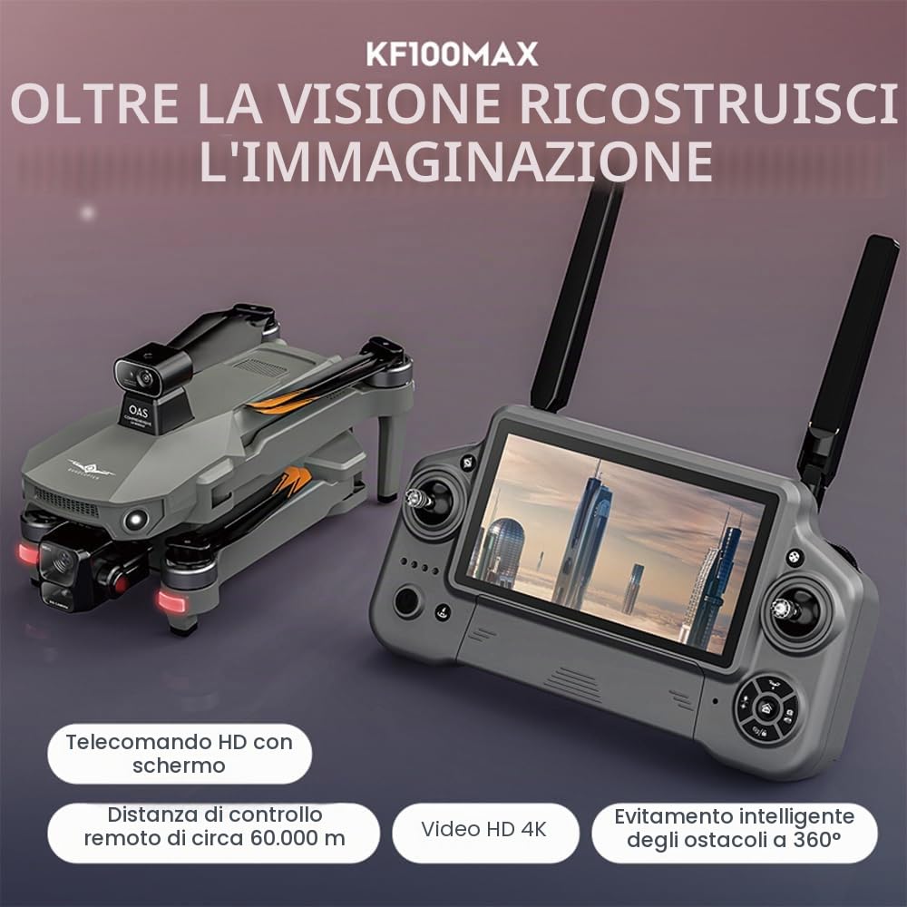 KF100 MAX Drone con telecamera 4K per adulti, distanza di controllo di 6 km, telecomando con schermo da 5,5 pollici, cardano a 3 assi, prevenzione degli ostacoli a 360°, drone professionale RC