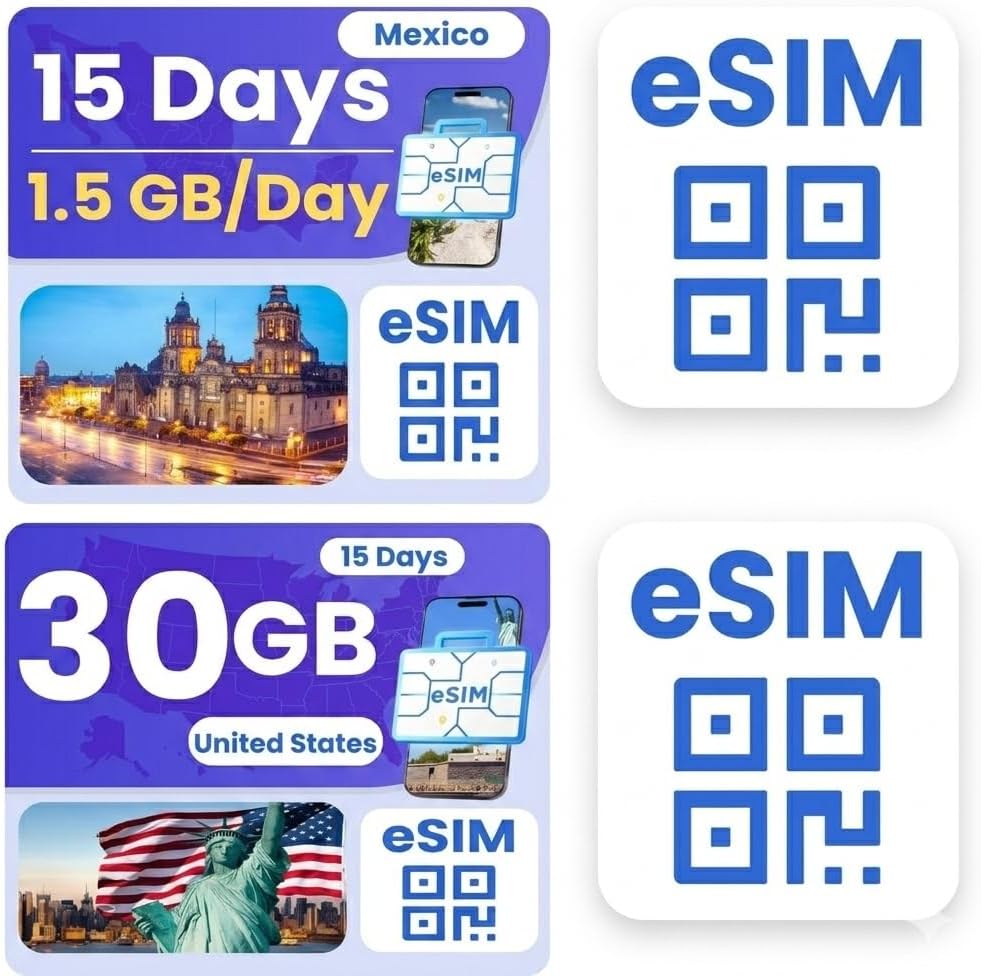 eSIM Bundle for International Travel, USA 30GB/ 15 Days, – Mexico 22.5GB/ 15 Days, 4G/5G Speed, Hotspot Supported, Instant Activation in 10 Minutes