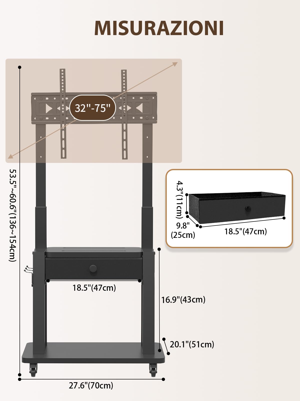 Maiproo Supporto TV con cassetto in tessuto per schermi piatti e curvi da 32 a 75 pollici, regolabile in altezza, LCD/LED/OLED, con vano portaoggetti, carrello mobile per TV su ruote fino a 100 kg