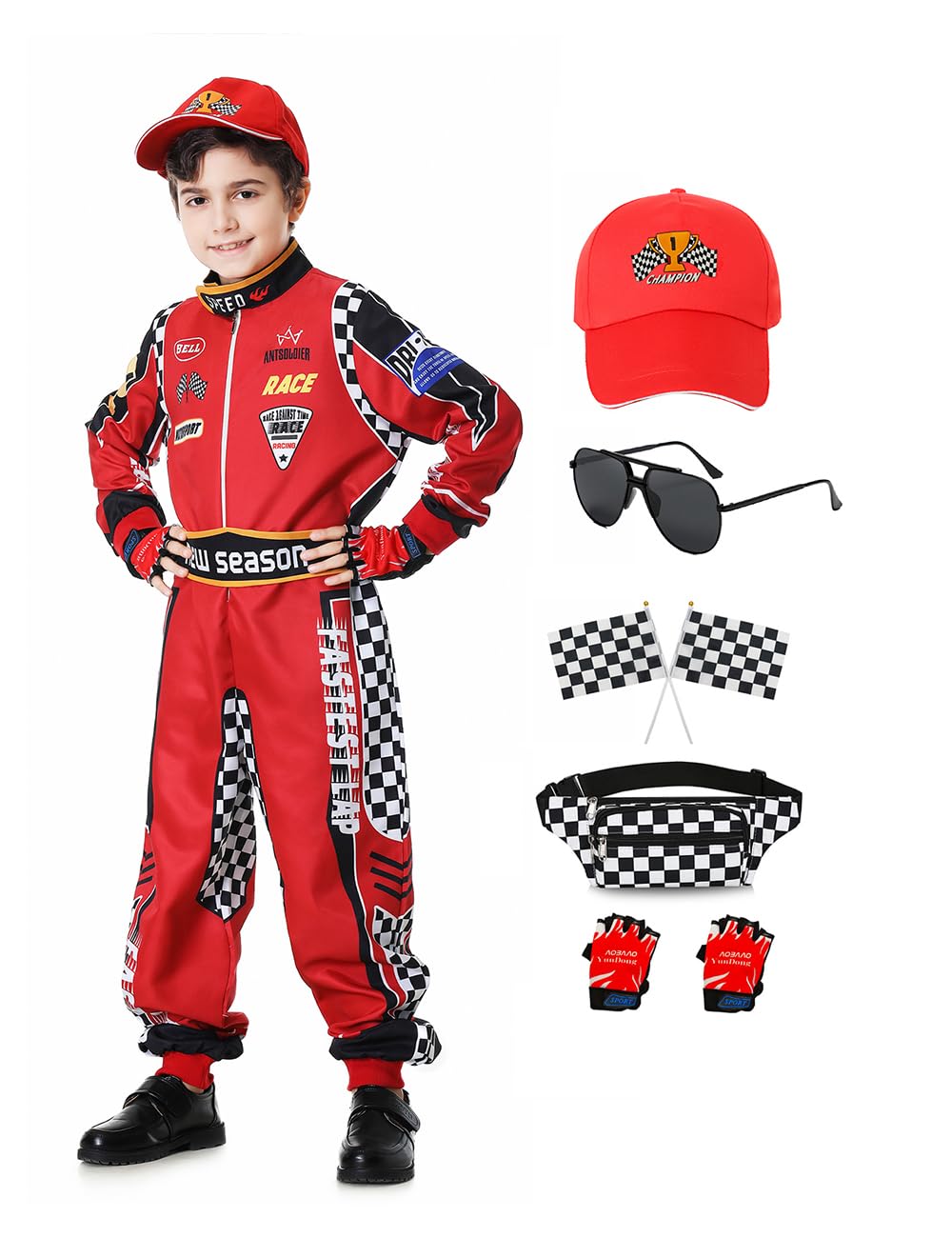 aicoaub Race Car Driver Costume Boys Racer Jumpsuit Kids with Sunglasses Cap Medals Waist Bag Flag for Toddler Carnival Dress up