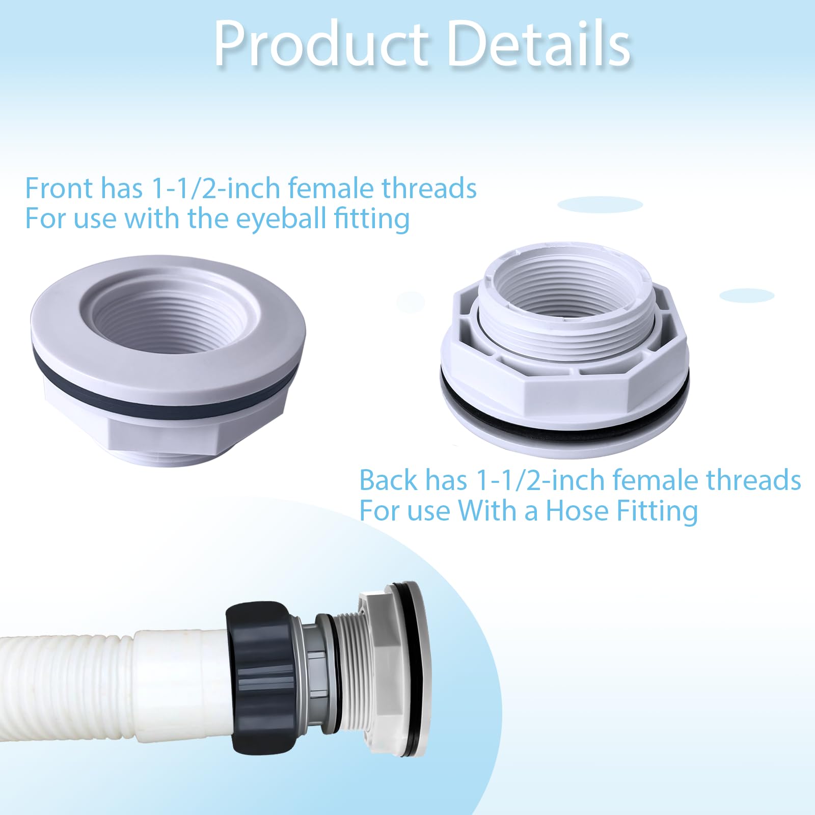 Raccordo di ritorno per ingresso piscina fuori terra da 1 1/2" con guarnizione a dado di bloccaggio Famale Inlet Pipe (FIP), filettatura di ricambio esatta per Hayward SP1023, raccordi di