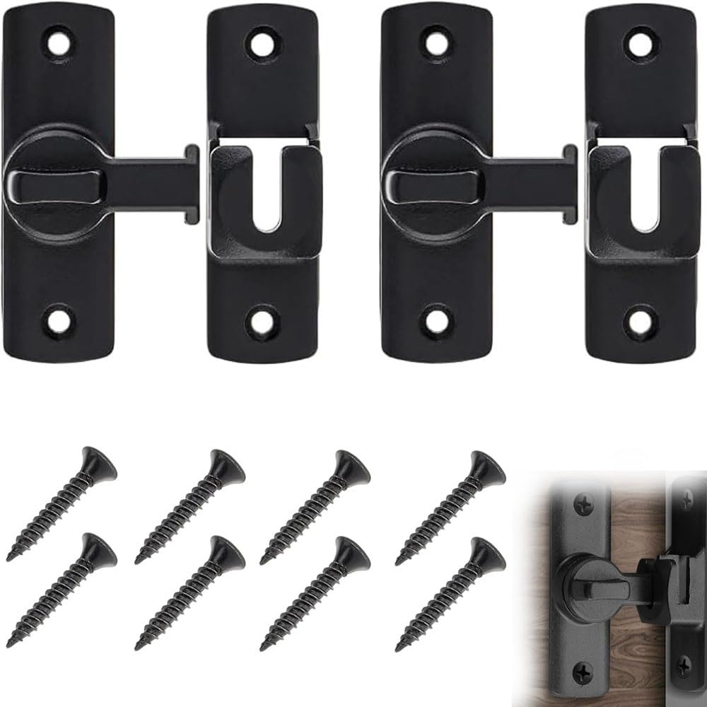 90/180 Degree Barn Door Lock, Heavy Duty Sliding Barn Door Latch, Aluminum Door Lock Latch Hardware for Bathroom, Cabinet, Closet, Garden Gate, Childproof Privacy Slide Latch Lock (Black)
